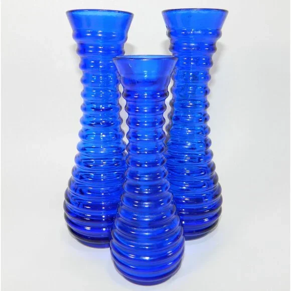 Cobalt Blue Ribbed Glass Vases Depression Glass Beehive Bud Vases Set Of 3 - Picture 7 of 13